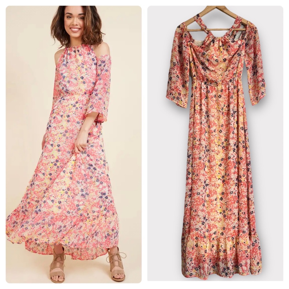 Modcloth Pink Floral Maxi Dress Women’s Medium Halter Open Shoulder Smocked